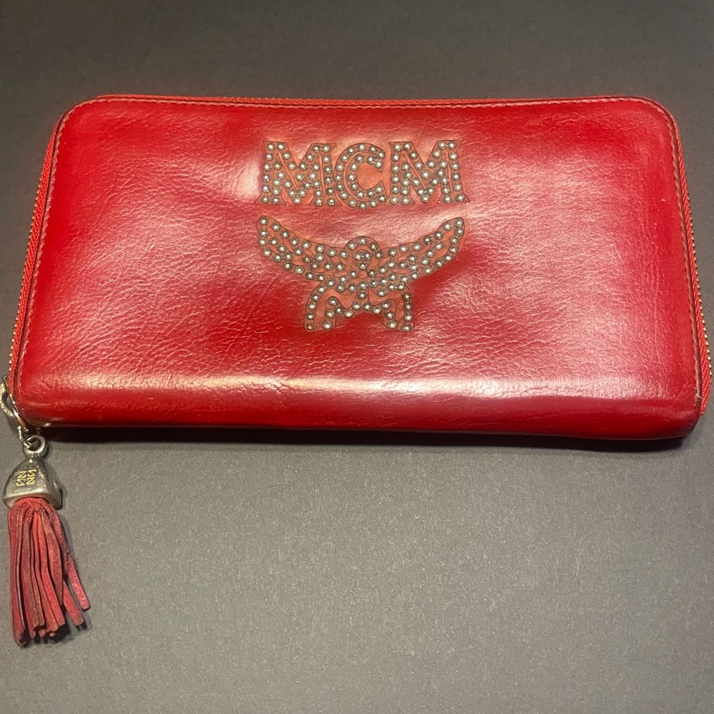 MCM Red Leather Studded Wallet
